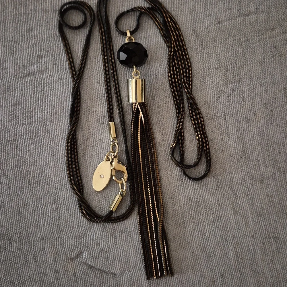 LOFT  Boho Long Tassel Black Crystal Bead Pendant Sweater Necklace 30